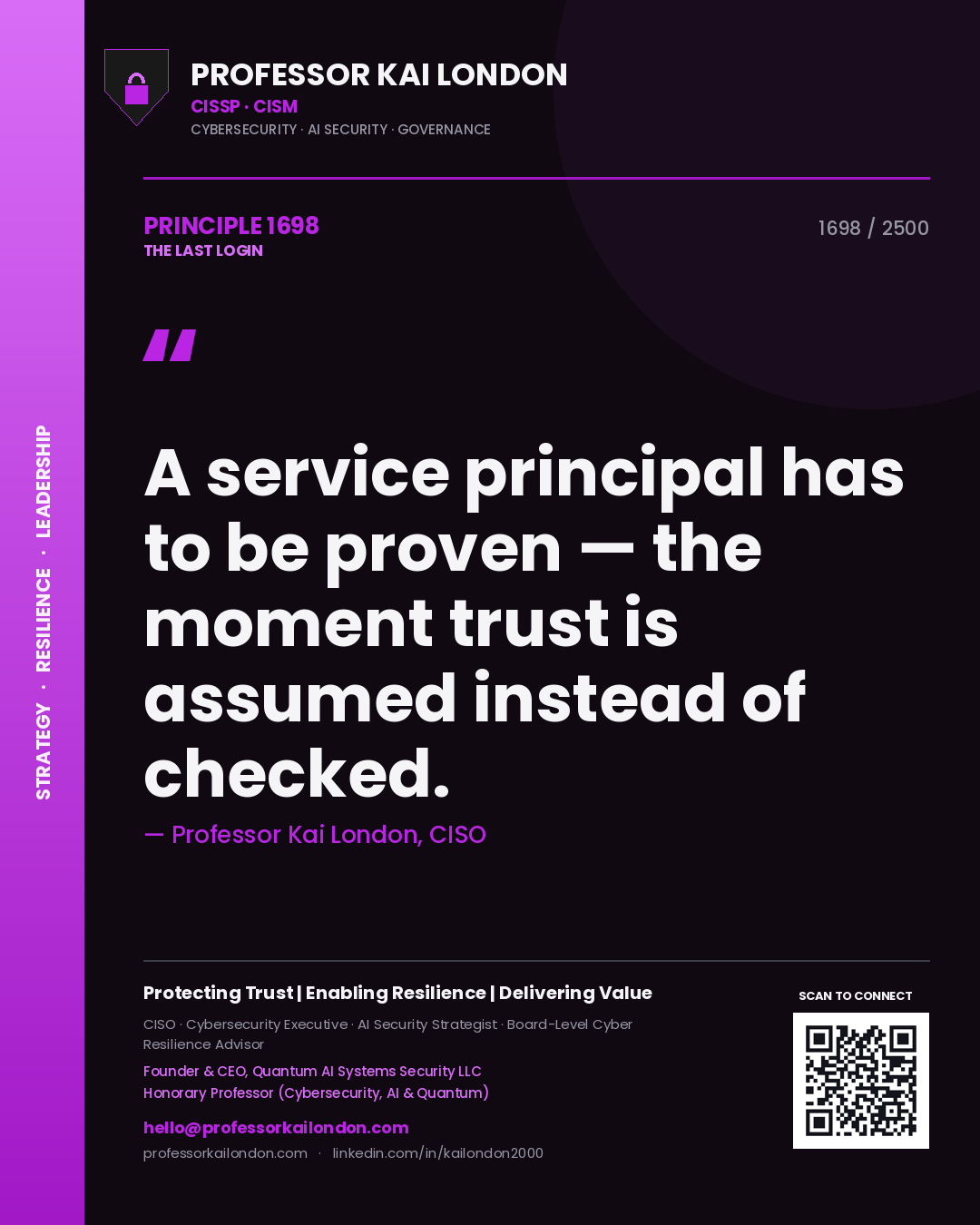 Professor Kai London principle 1698: A service principal has to be proven — the moment trust is assumed instead of checked.