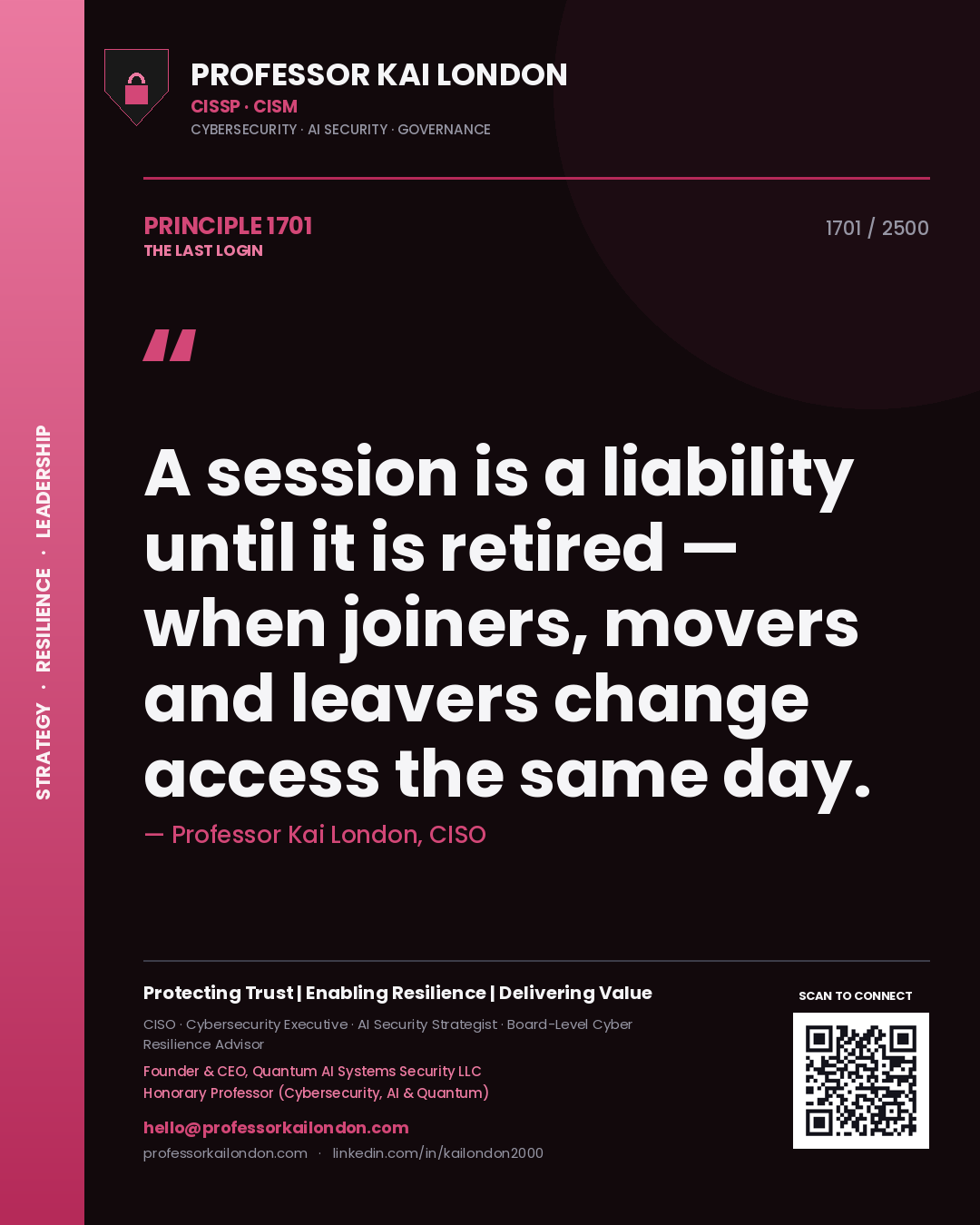 Professor Kai London principle 1701: A session is a liability until it is retired — when joiners, movers and leavers change access the same day.