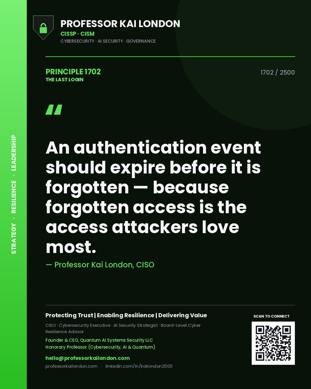 Quote card by Professor Kai London reading 'An authentication event should expire before it is forgotten — because forgotten access is the access attackers love most.'. From the book The Last Login.
