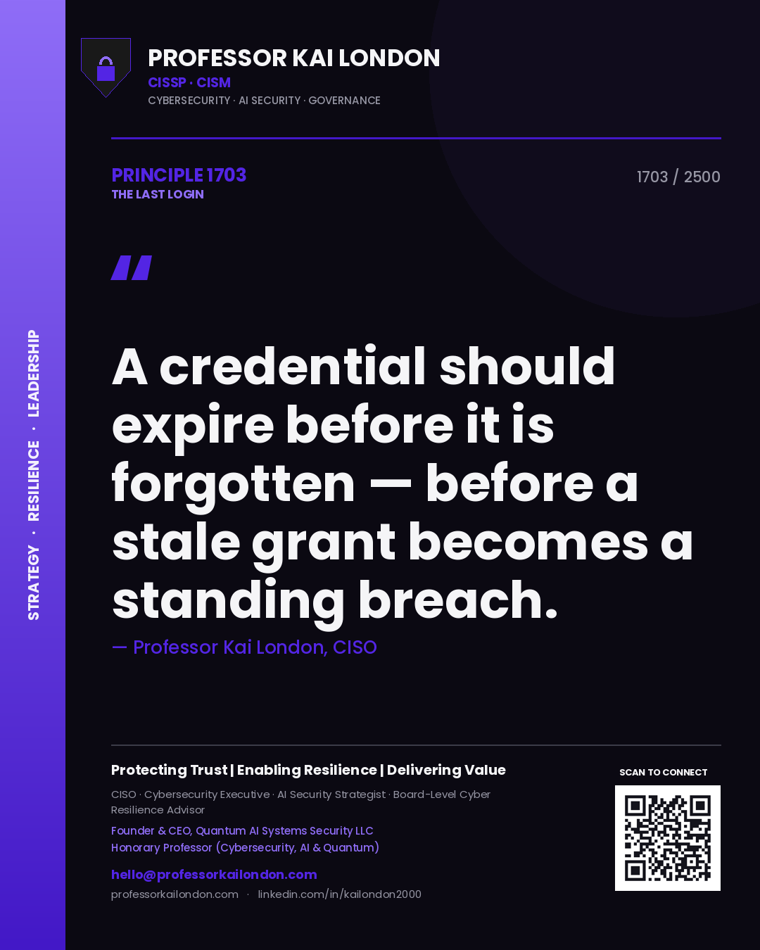 Quote card by Professor Kai London reading 'A credential should expire before it is forgotten — before a stale grant becomes a standing breach.'. From the book The Last Login.