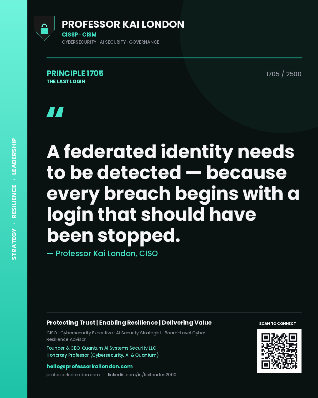 Quote card by Professor Kai London reading 'A federated identity needs to be detected — because every breach begins with a login that should have been stopped.'. From the book The Last Login.