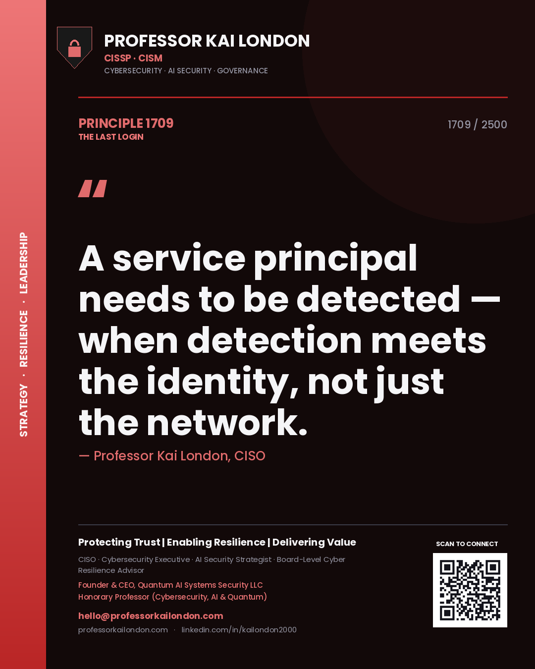 Quote card by Professor Kai London reading 'A service principal needs to be detected — when detection meets the identity, not just the network.'. From the book The Last Login.
