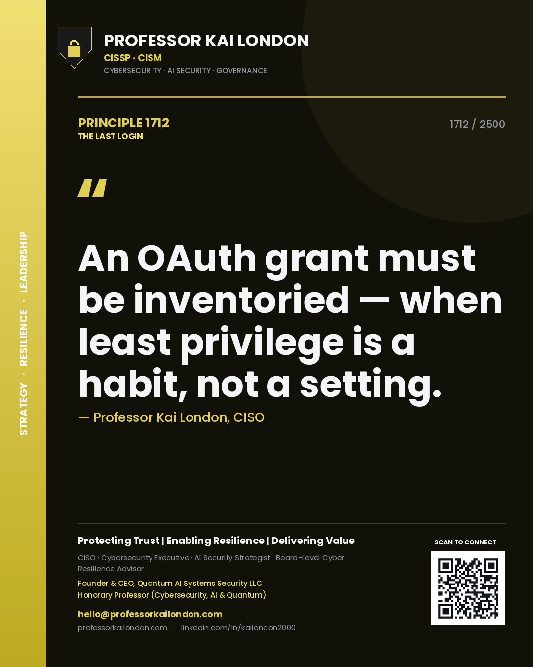 Quote card by Professor Kai London reading 'An OAuth grant must be inventoried — when least privilege is a habit, not a setting.'. From the book The Last Login.