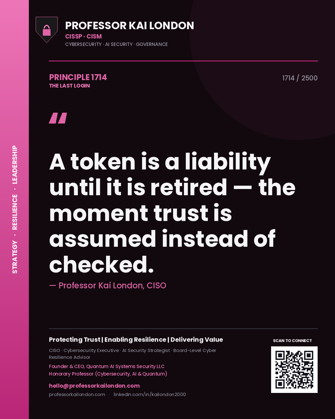 Quote card by Professor Kai London reading 'A token is a liability until it is retired — the moment trust is assumed instead of checked.'. From the book The Last Login.