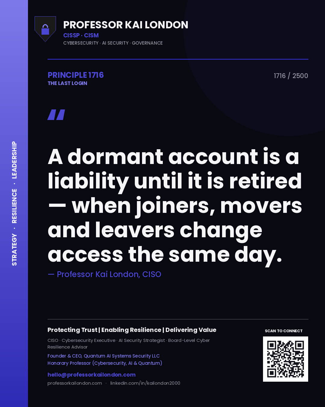 Quote card by Professor Kai London reading 'A dormant account is a liability until it is retired — when joiners, movers and leavers change access the same day.'. From the book The Last Login.