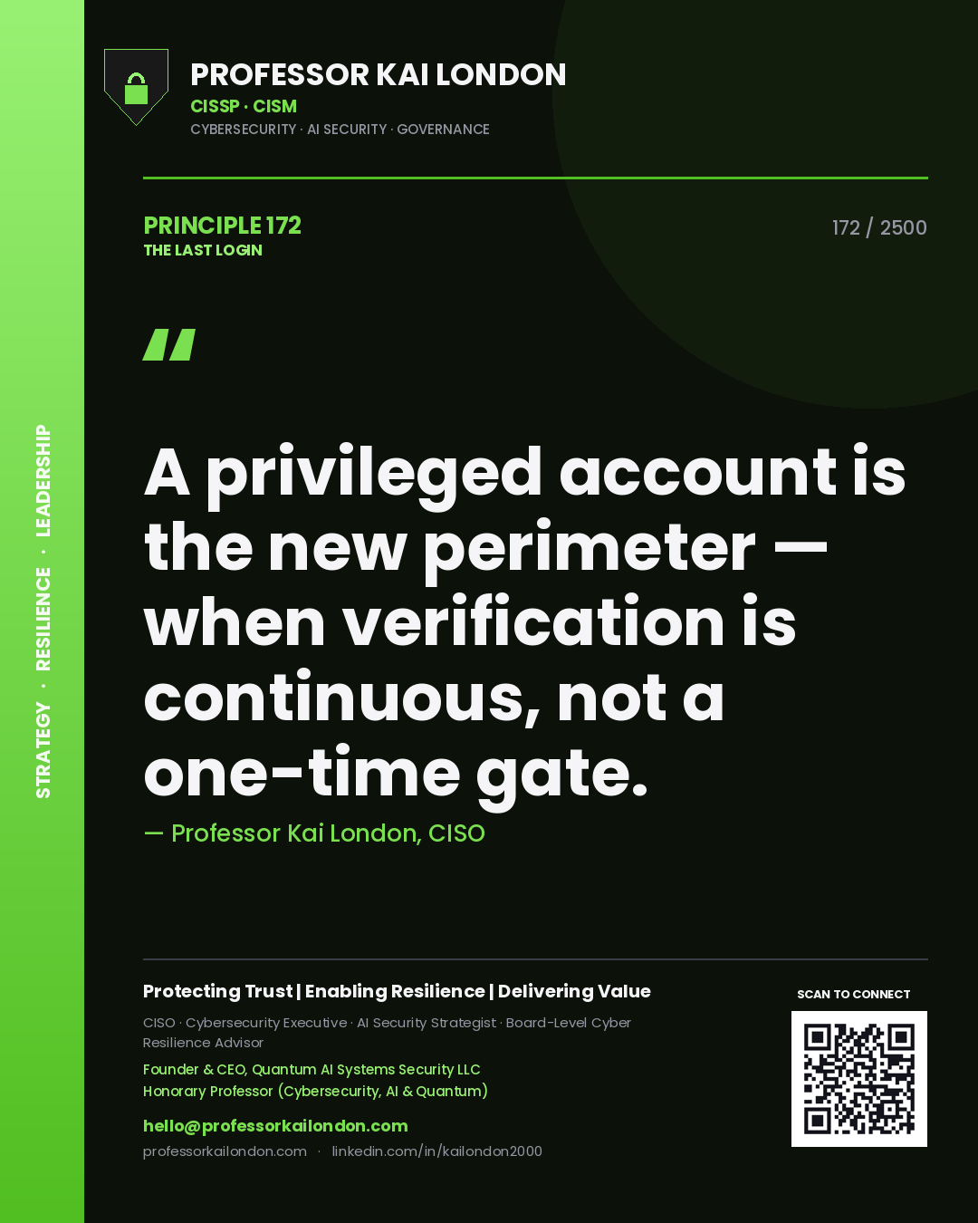 Quote card by Professor Kai London reading 'A privileged account is the new perimeter — when verification is continuous, not a one-time gate.'. From the book The Last Login.