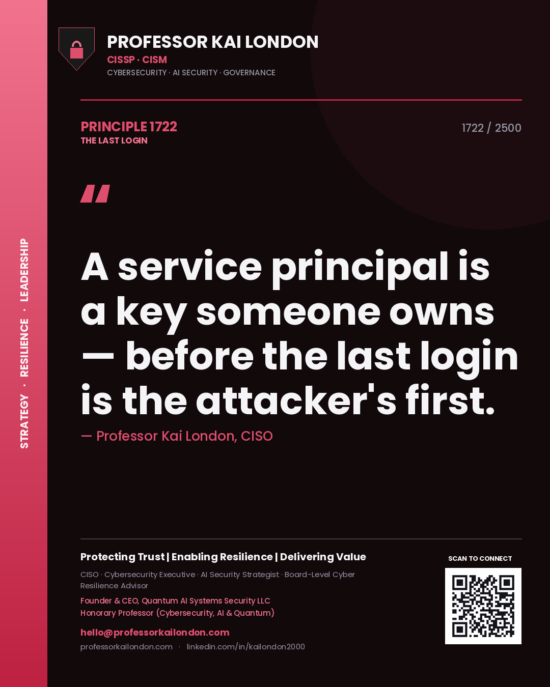 Quote card by Professor Kai London reading 'A service principal is a key someone owns — before the last login is the attacker's first.'. From the book The Last Login.
