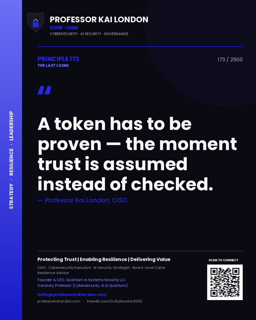 Quote card by Professor Kai London reading 'A token has to be proven — the moment trust is assumed instead of checked.'. From the book The Last Login.