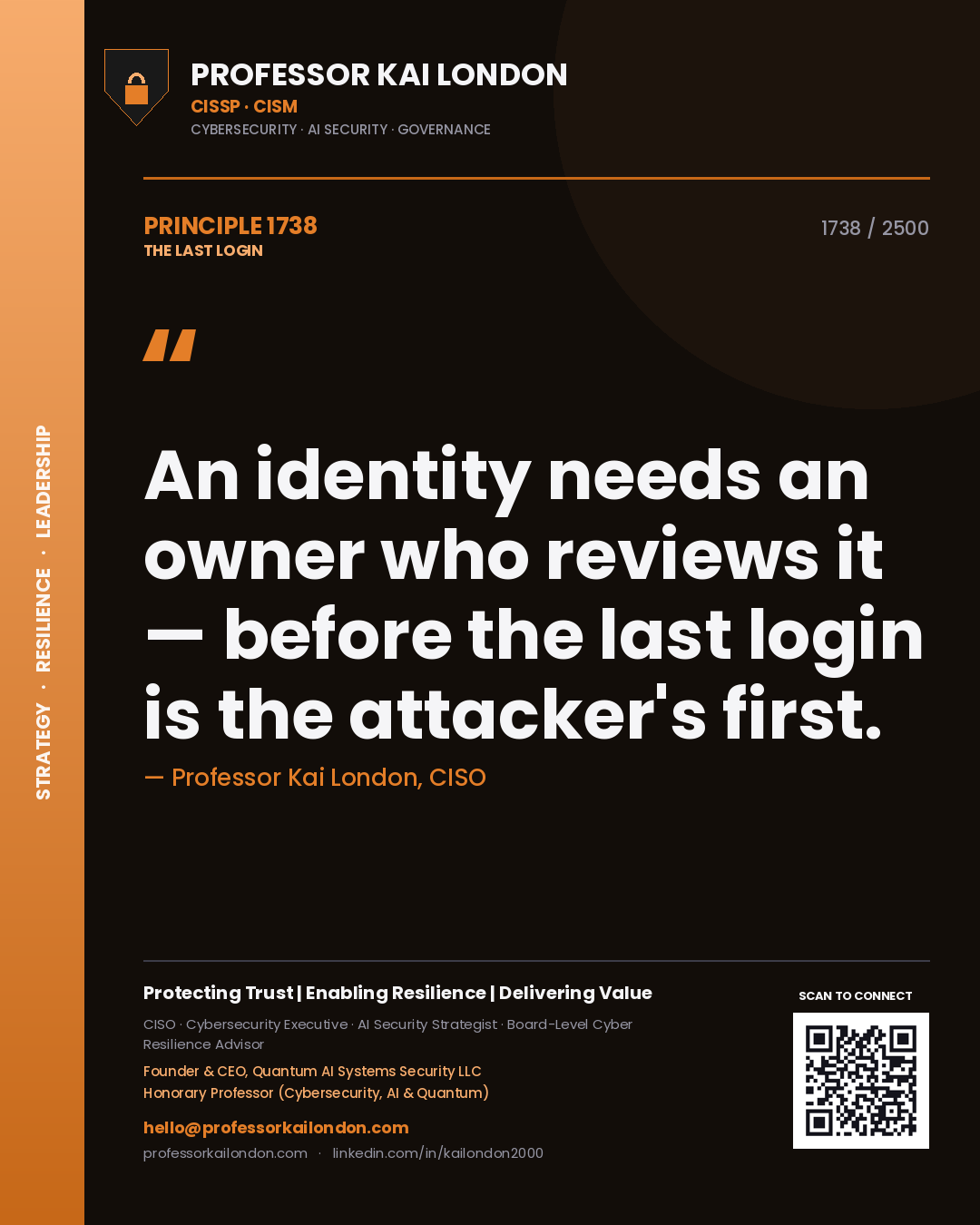 Quote card by Professor Kai London reading 'An identity needs an owner who reviews it — before the last login is the attacker's first.'. From the book The Last Login.