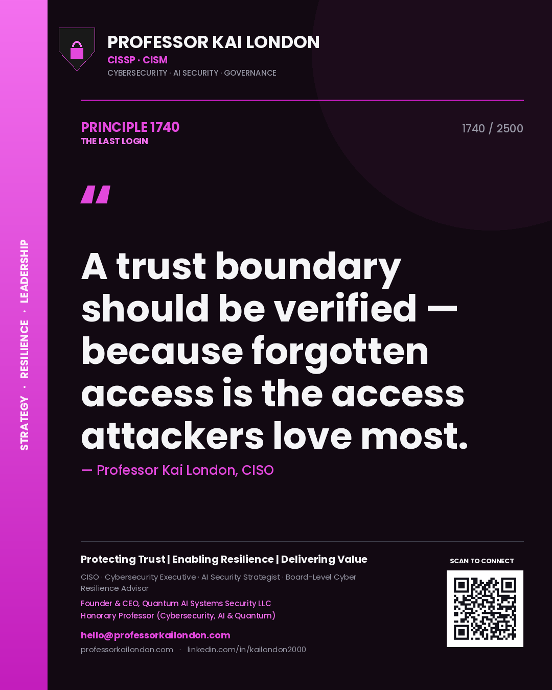 Professor Kai London principle 1740: A trust boundary should be verified — because forgotten access is the access attackers love most.