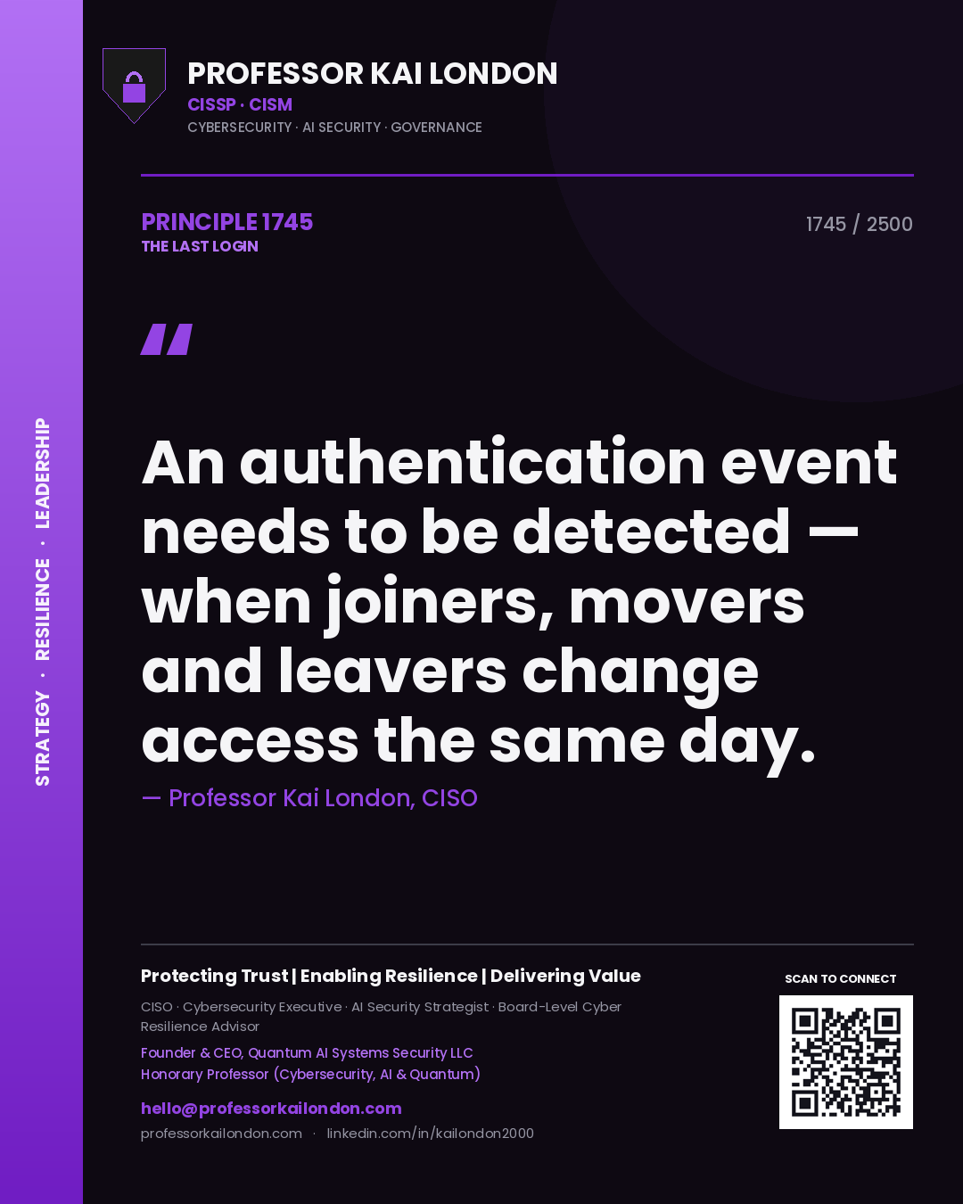 Professor Kai London principle 1745: An authentication event needs to be detected — when joiners, movers and leavers change access the same day.
