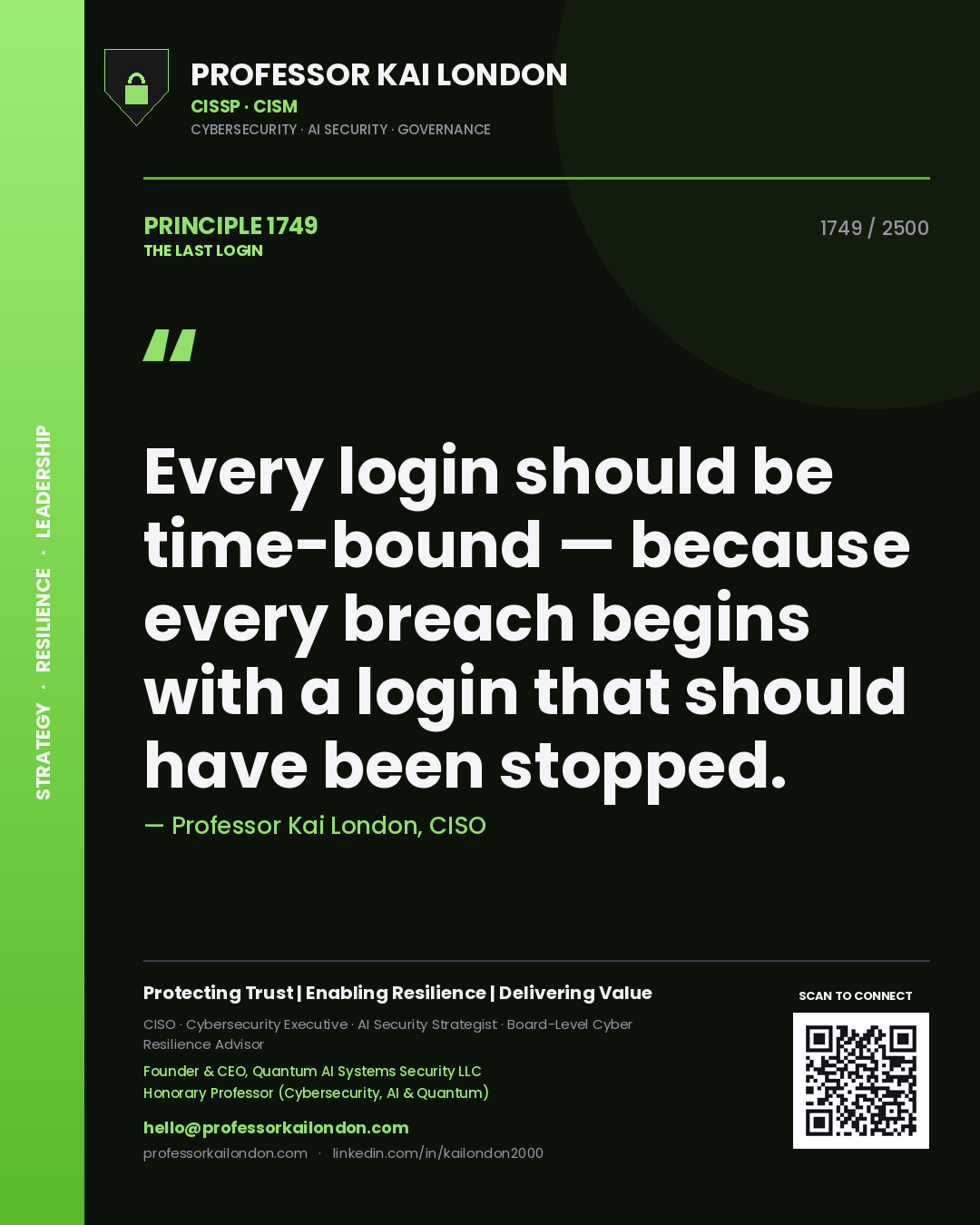 Professor Kai London principle 1749: Every login should be time-bound — because every breach begins with a login that should have been stopped.