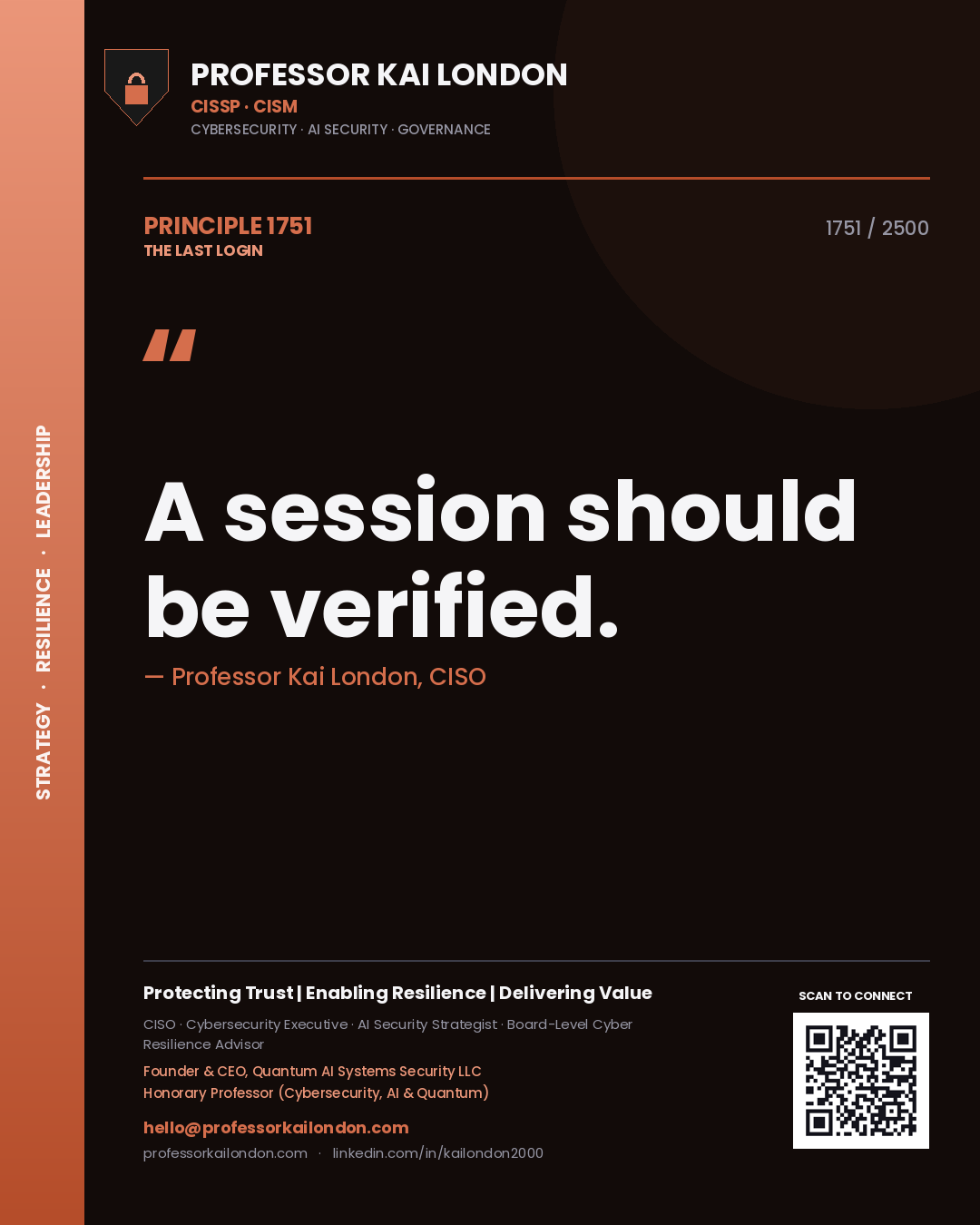Quote card by Professor Kai London reading 'A session should be verified.'. From the book The Last Login.