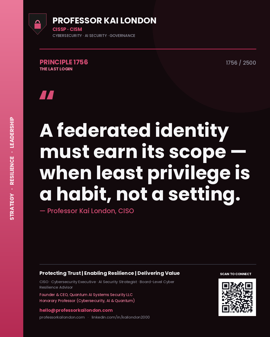 Quote card by Professor Kai London reading 'A federated identity must earn its scope — when least privilege is a habit, not a setting.'. From the book The Last Login.