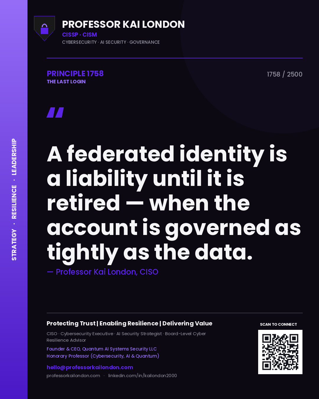 Quote card by Professor Kai London reading 'A federated identity is a liability until it is retired — when the account is governed as tightly as the data.'. From the book The Last Login.