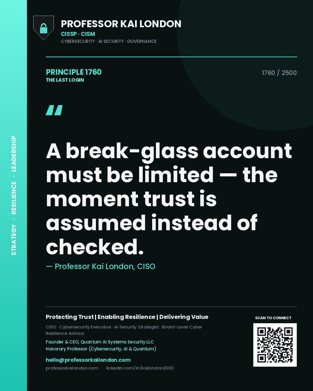 Quote card by Professor Kai London reading 'A break-glass account must be limited — the moment trust is assumed instead of checked.'. From the book The Last Login.