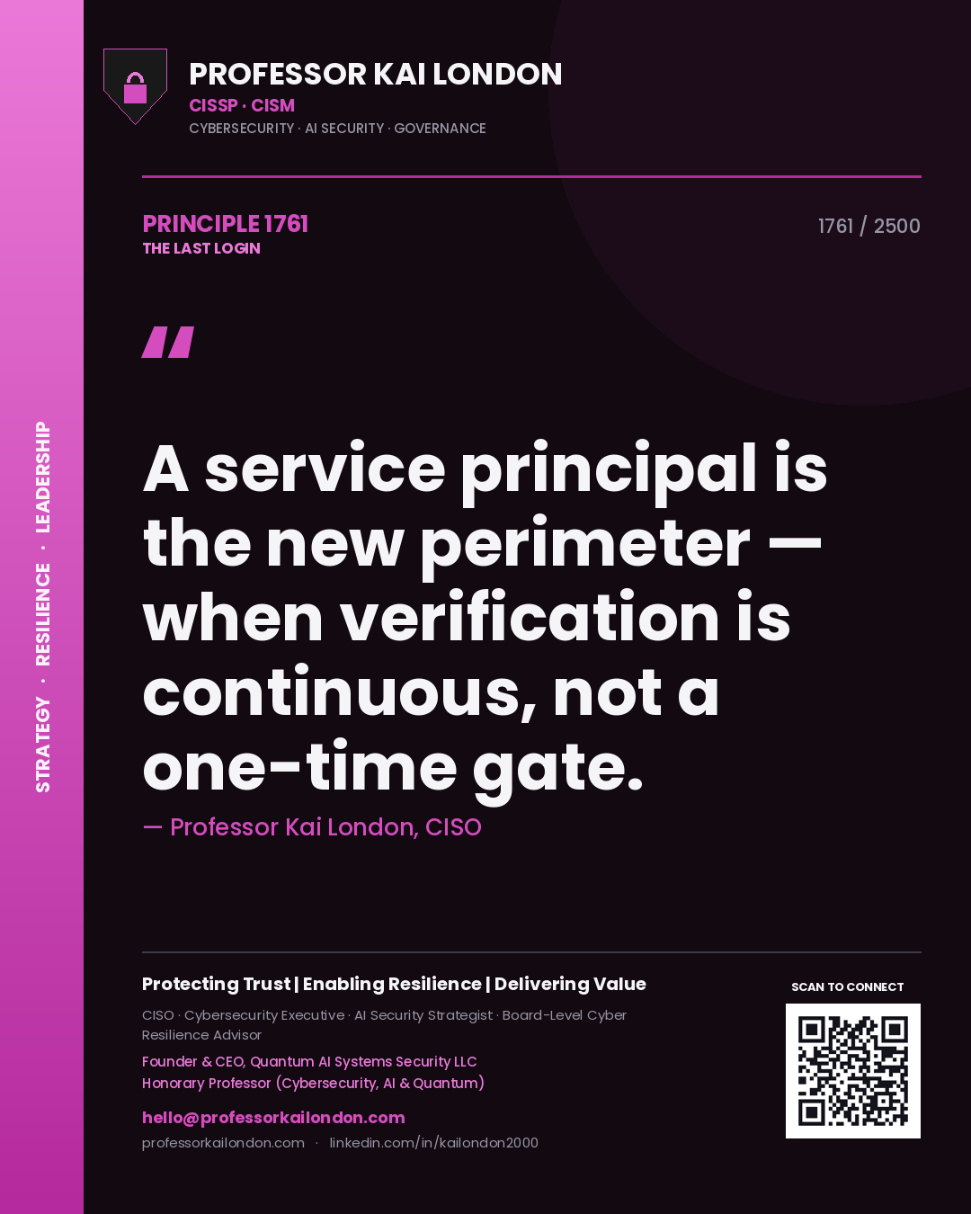 Quote card by Professor Kai London reading 'A service principal is the new perimeter — when verification is continuous, not a one-time gate.'. From the book The Last Login.