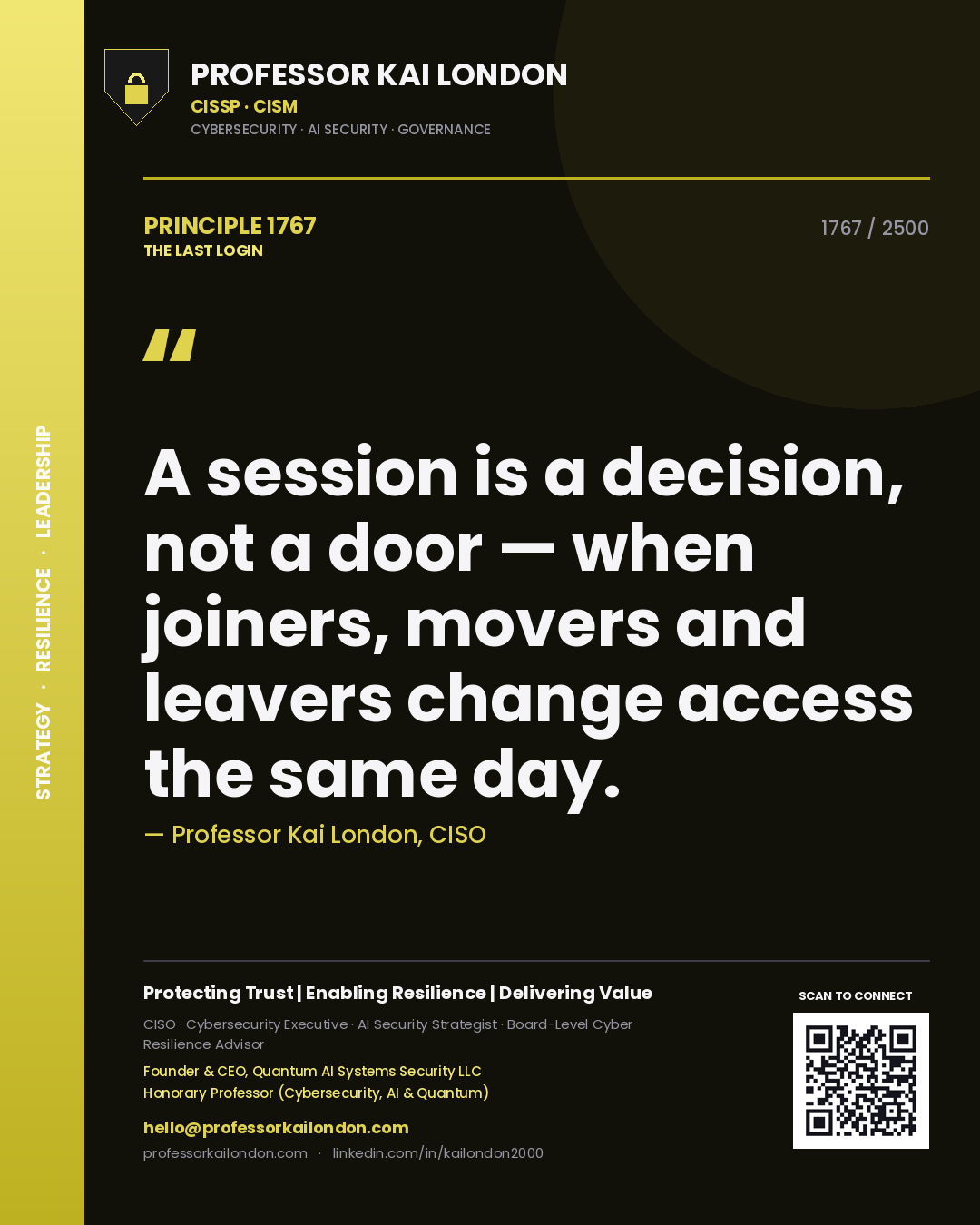 Professor Kai London principle 1767: A session is a decision, not a door — when joiners, movers and leavers change access the same day.