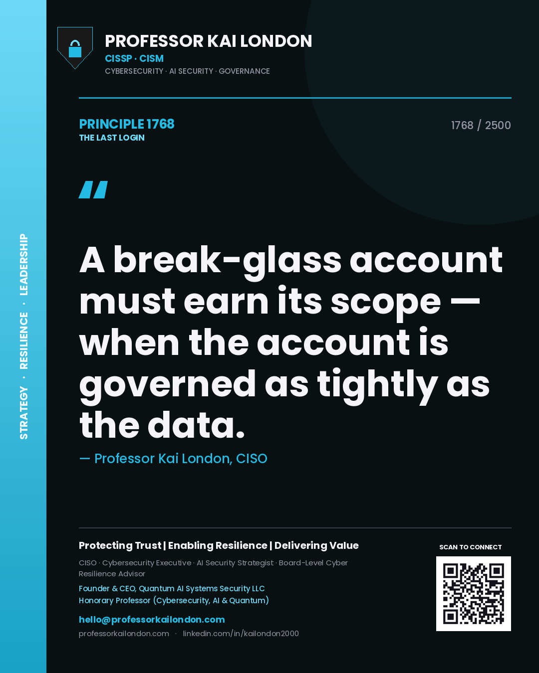 Quote card by Professor Kai London reading 'A break-glass account must earn its scope — when the account is governed as tightly as the data.'. From the book The Last Login.
