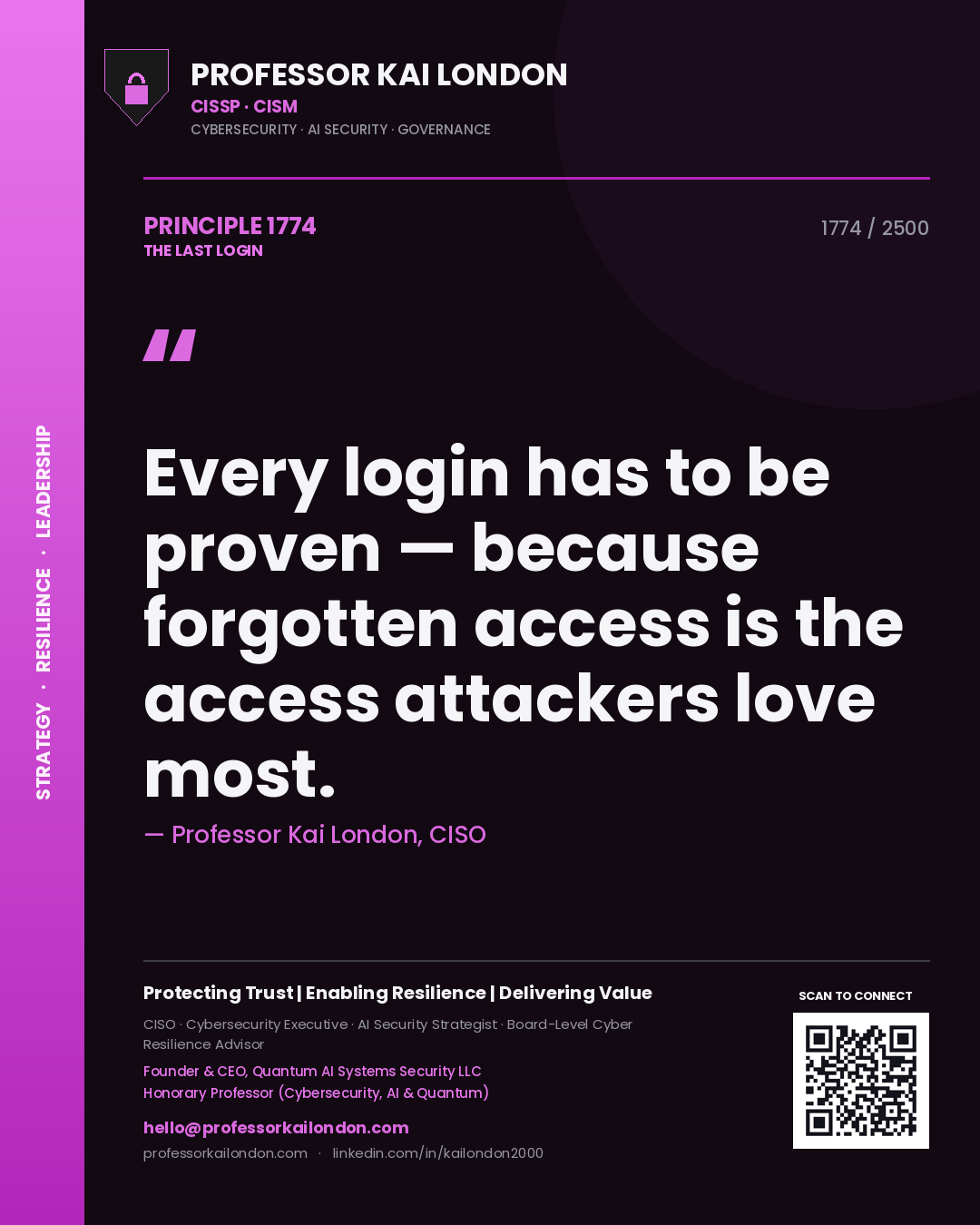 Quote card by Professor Kai London reading 'Every login has to be proven — because forgotten access is the access attackers love most.'. From the book The Last Login.