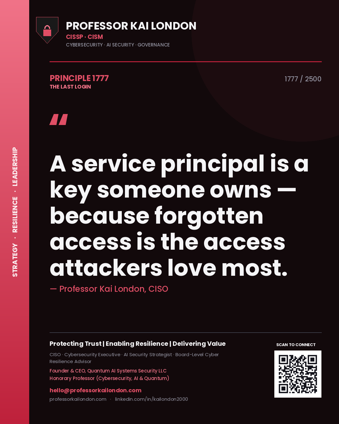 Quote card by Professor Kai London reading 'A service principal is a key someone owns — because forgotten access is the access attackers love most.'. From the book The Last Login.