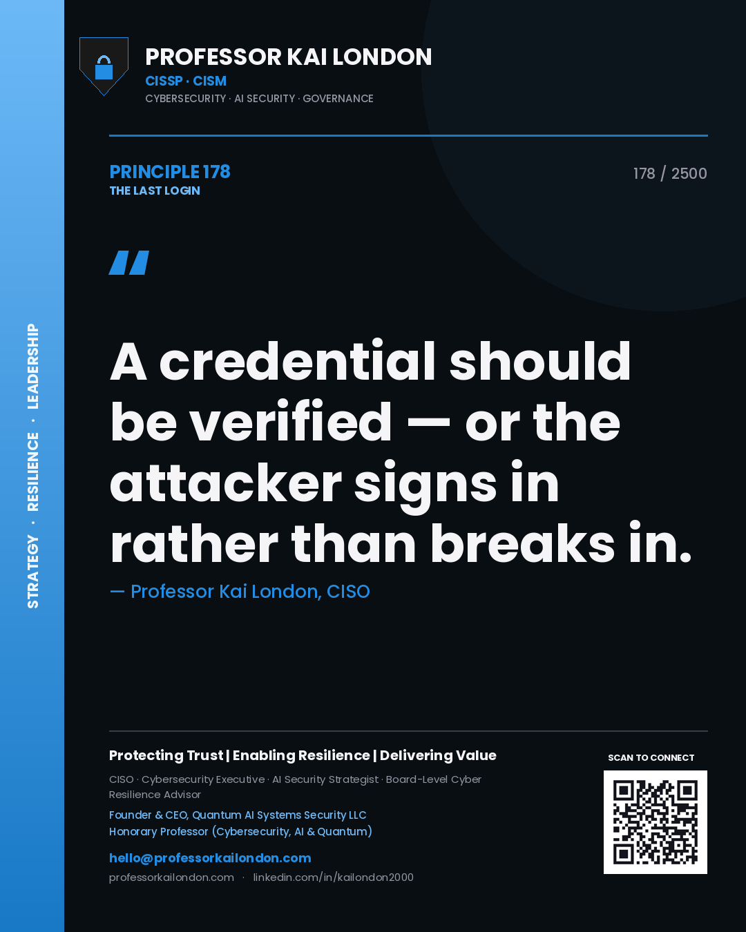 Quote card by Professor Kai London reading 'A credential should be verified — or the attacker signs in rather than breaks in.'. From the book The Last Login.