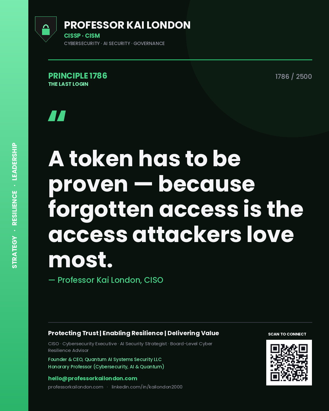 Quote card by Professor Kai London reading 'A token has to be proven — because forgotten access is the access attackers love most.'. From the book The Last Login.