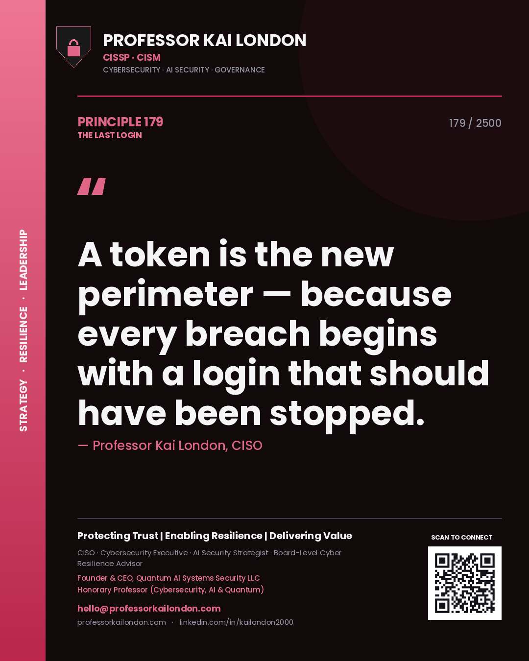 Quote card by Professor Kai London reading 'A token is the new perimeter — because every breach begins with a login that should have been stopped.'. From the book The Last Login.