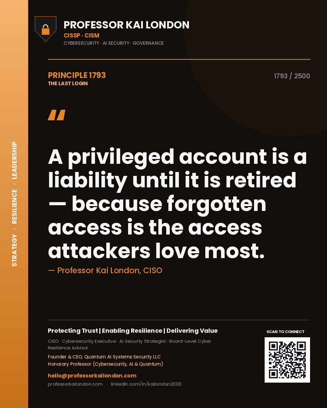 Quote card by Professor Kai London reading 'A privileged account is a liability until it is retired — because forgotten access is the access attackers love most.'. From the book The Last Login.
