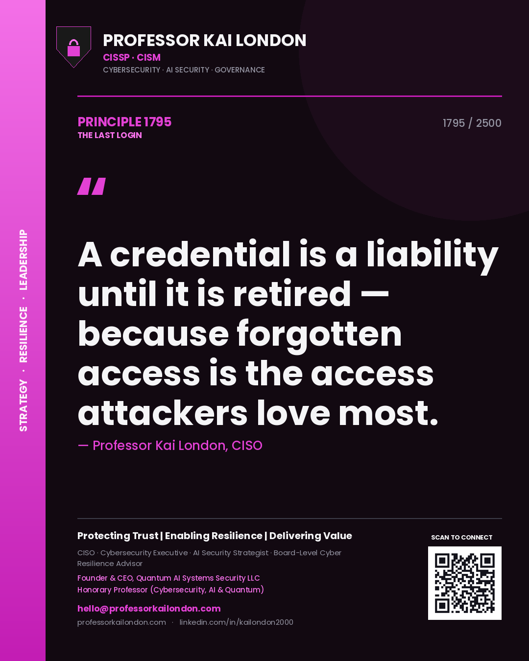 Quote card by Professor Kai London reading 'A credential is a liability until it is retired — because forgotten access is the access attackers love most.'. From the book The Last Login.