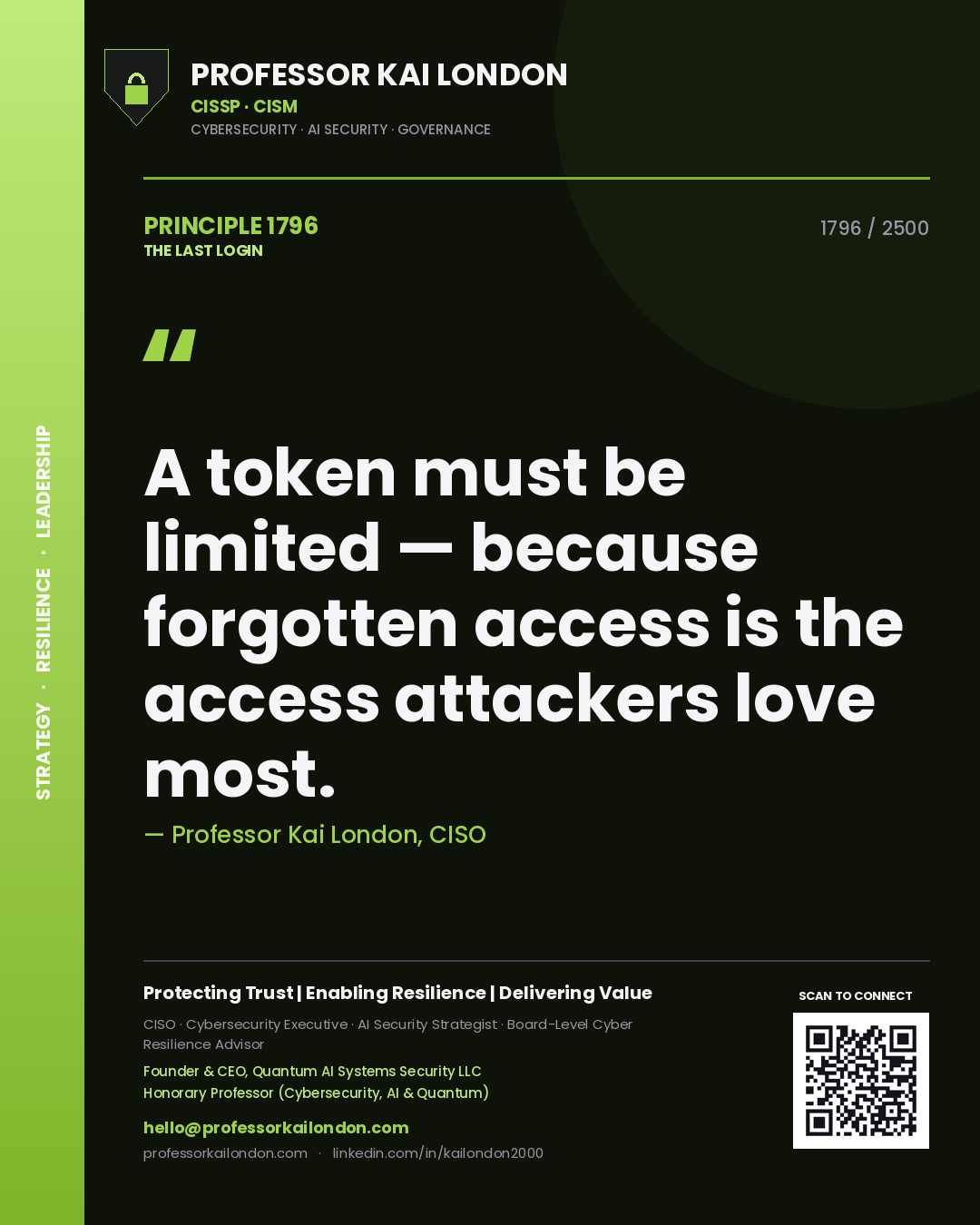 Professor Kai London principle 1796: A token must be limited — because forgotten access is the access attackers love most.
