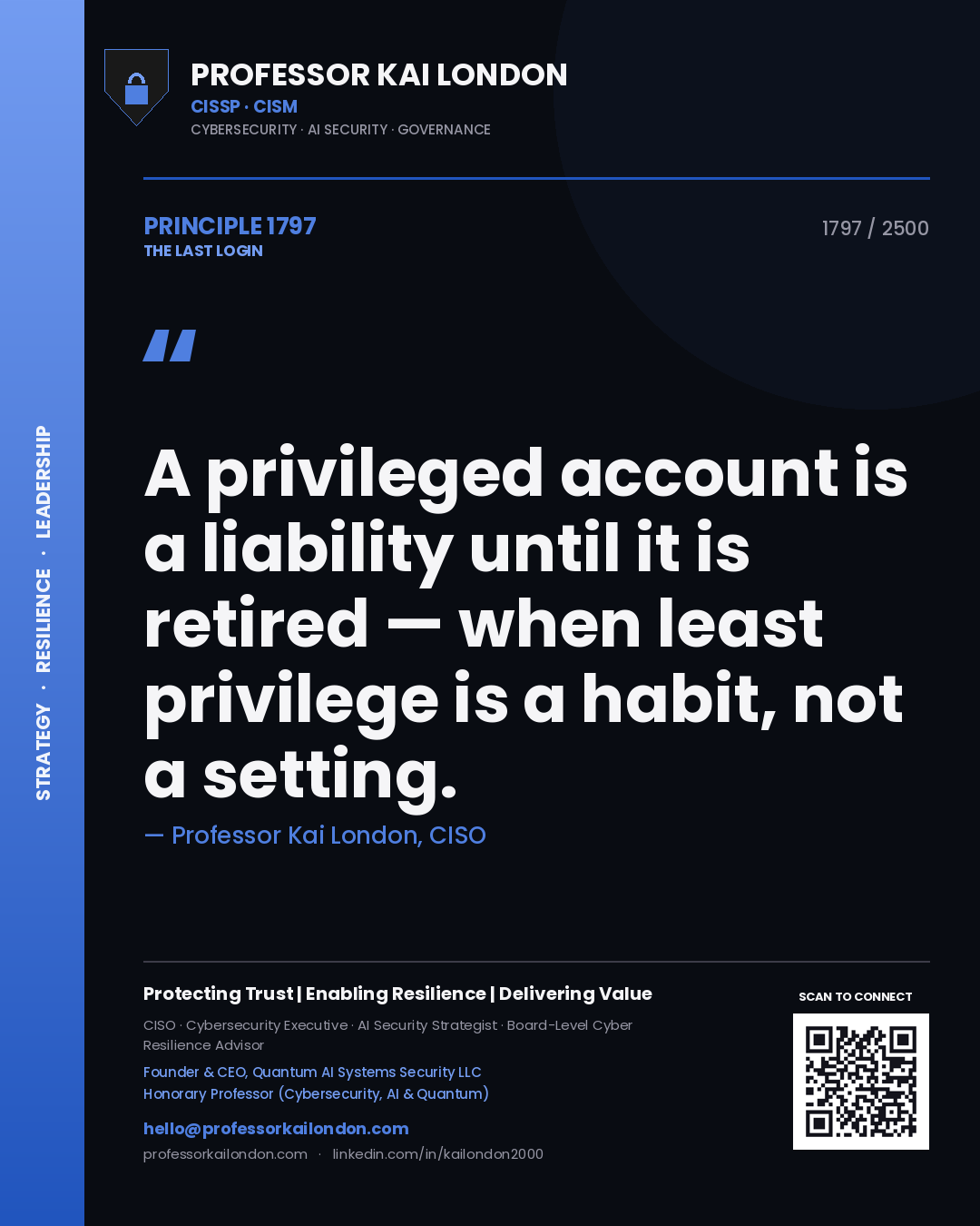Professor Kai London principle 1797: A privileged account is a liability until it is retired — when least privilege is a habit, not a setting.