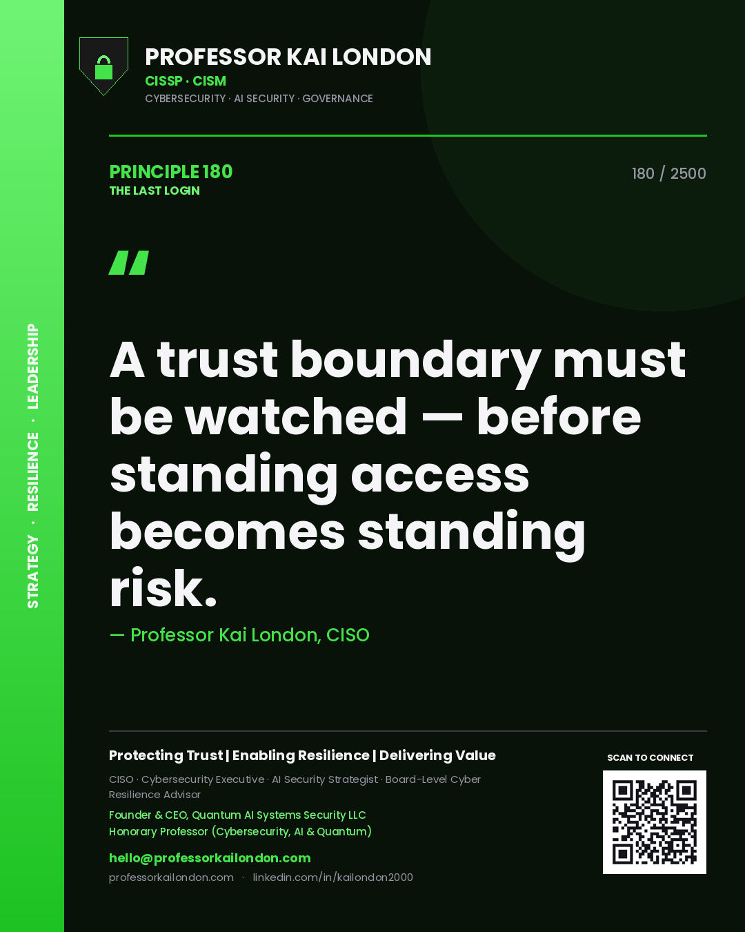 Quote card by Professor Kai London reading 'A trust boundary must be watched — before standing access becomes standing risk.'. From the book The Last Login.