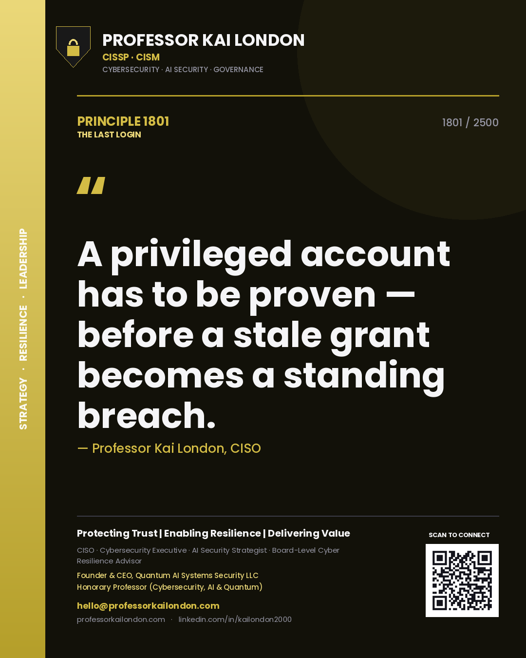 Quote card by Professor Kai London reading 'A privileged account has to be proven — before a stale grant becomes a standing breach.'. From the book The Last Login.