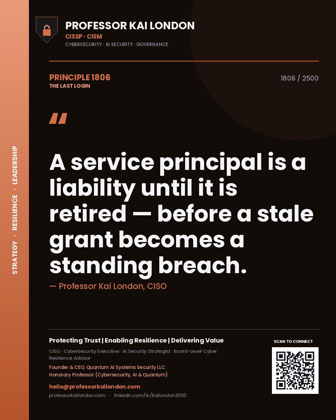 Professor Kai London principle 1806: A service principal is a liability until it is retired — before a stale grant becomes a standing breach.