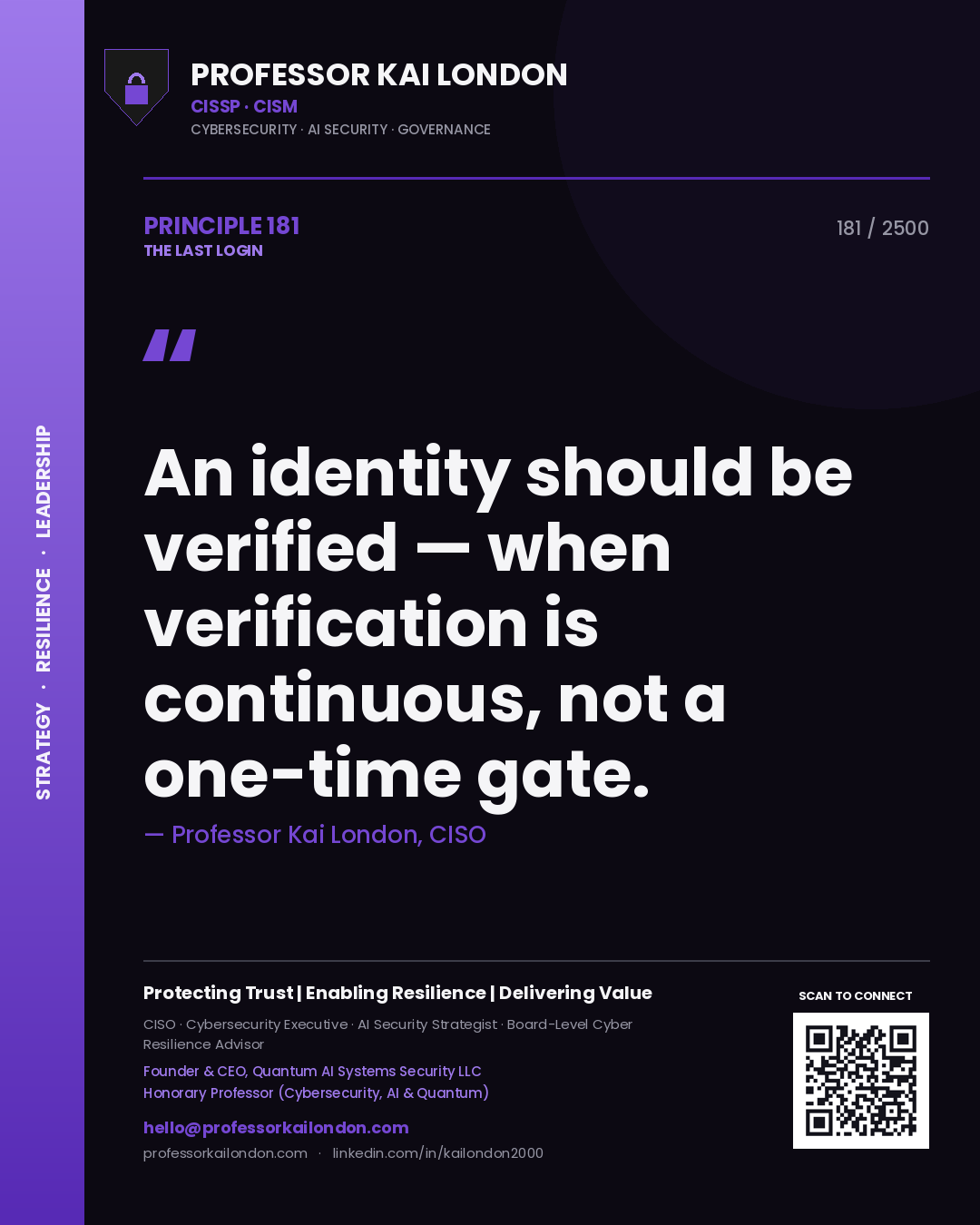 Quote card by Professor Kai London reading 'An identity should be verified — when verification is continuous, not a one-time gate.'. From the book The Last Login.