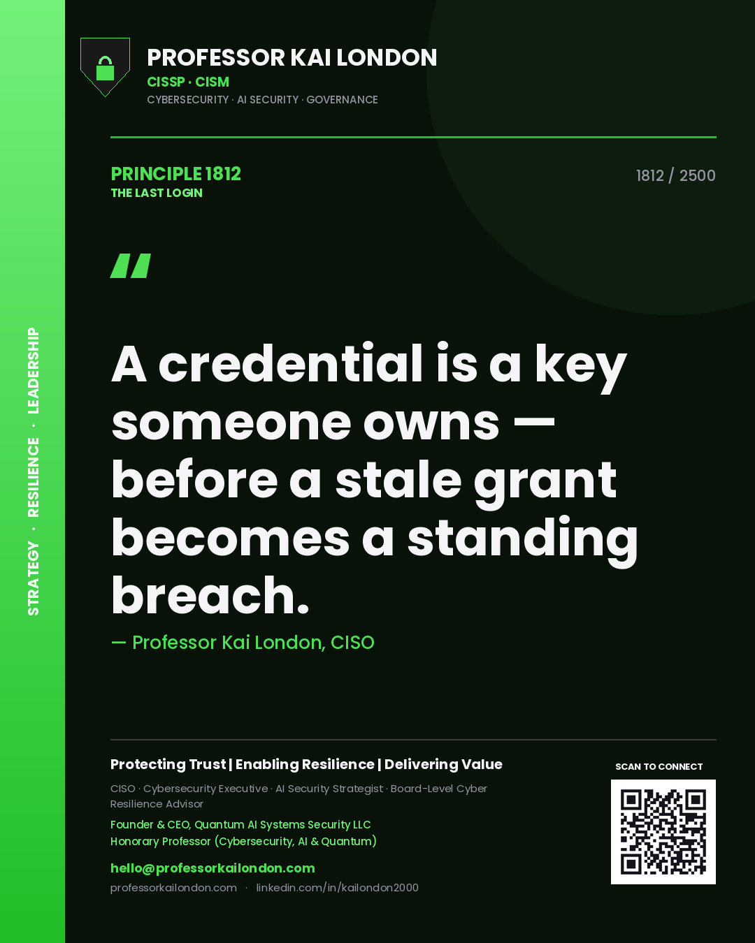 Quote card by Professor Kai London reading 'A credential is a key someone owns — before a stale grant becomes a standing breach.'. From the book The Last Login.