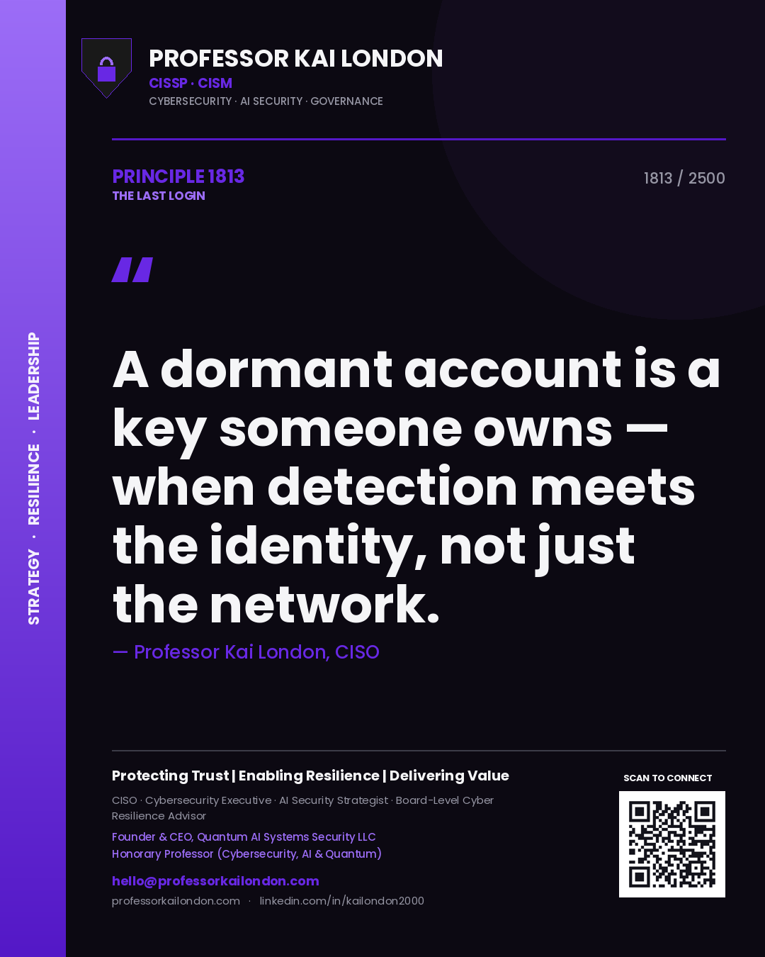 Quote card by Professor Kai London reading 'A dormant account is a key someone owns — when detection meets the identity, not just the network.'. From the book The Last Login.