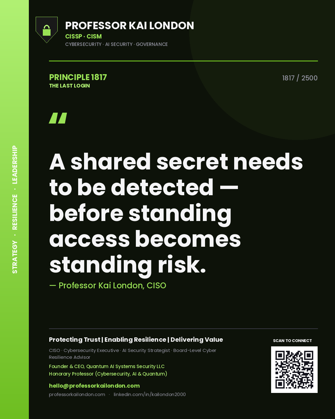 Professor Kai London principle 1817: A shared secret needs to be detected — before standing access becomes standing risk.