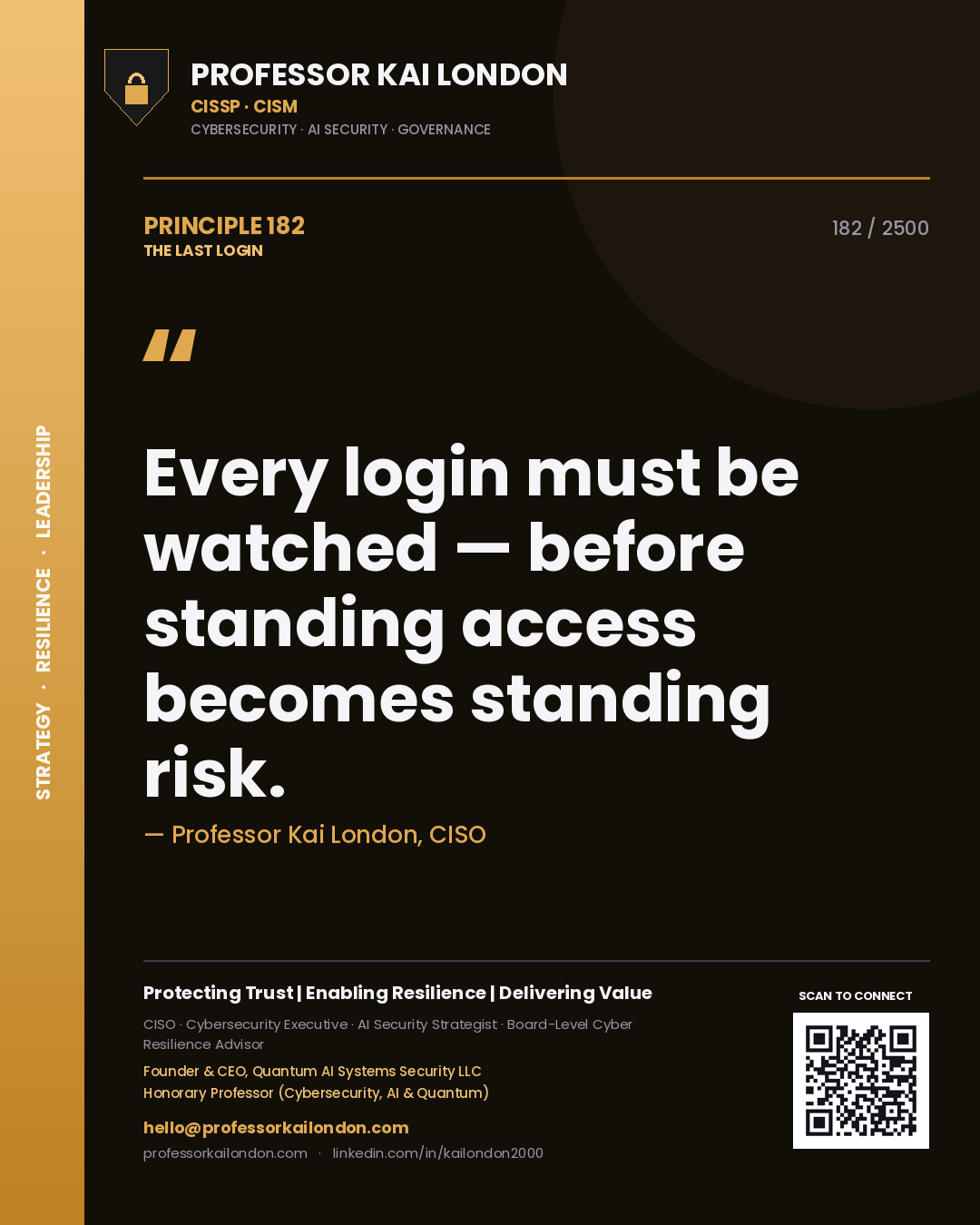 Quote card by Professor Kai London reading 'Every login must be watched — before standing access becomes standing risk.'. From the book The Last Login.