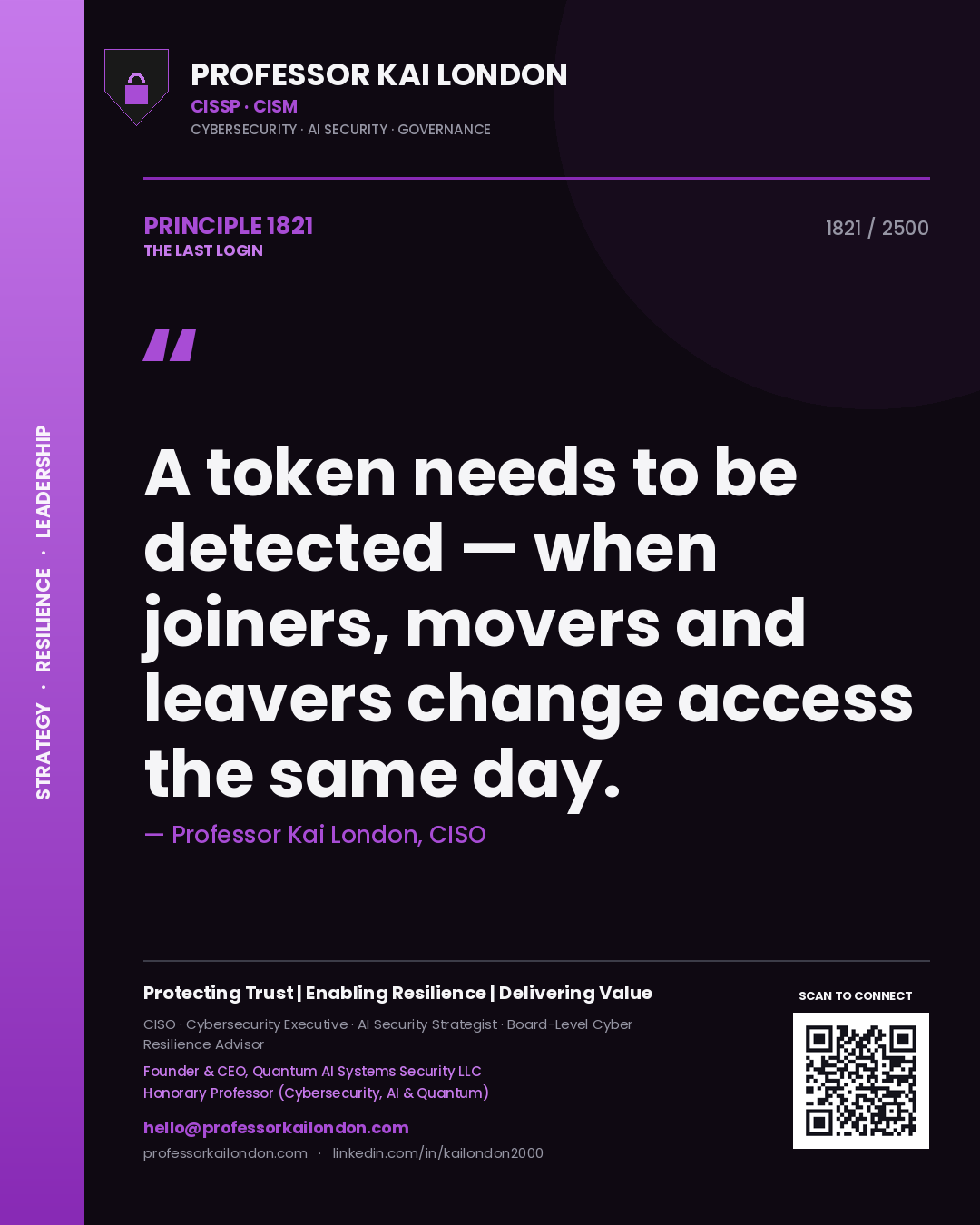Professor Kai London principle 1821: A token needs to be detected — when joiners, movers and leavers change access the same day.