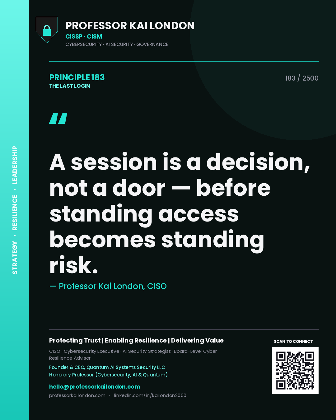 Quote card by Professor Kai London reading 'A session is a decision, not a door — before standing access becomes standing risk.'. From the book The Last Login.