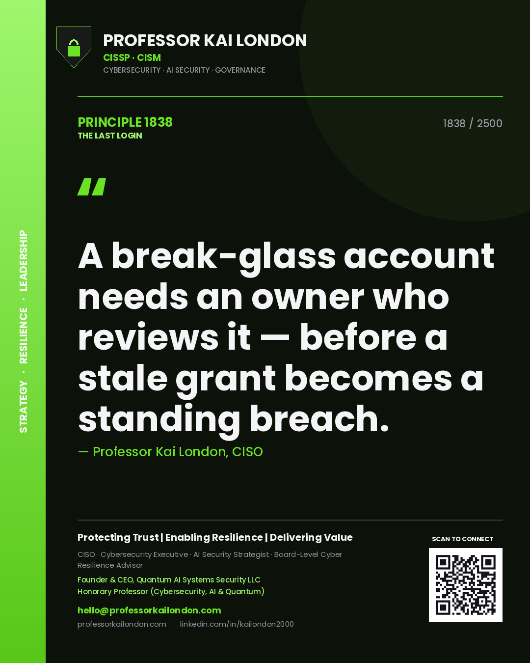 Quote card by Professor Kai London reading 'A break-glass account needs an owner who reviews it — before a stale grant becomes a standing breach.'. From the book The Last Login.