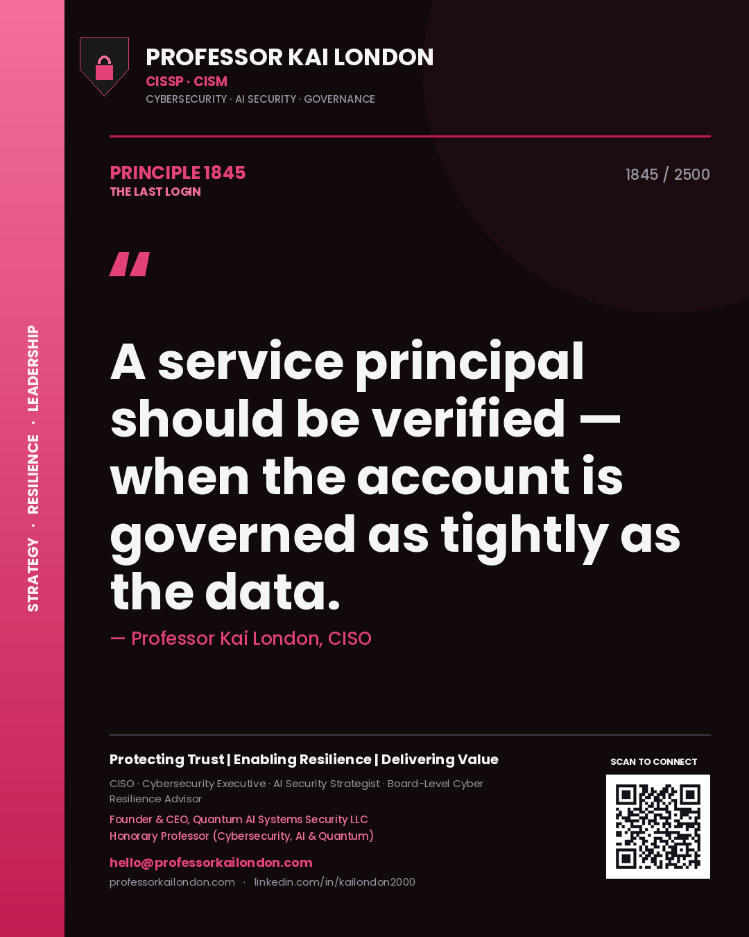Quote card by Professor Kai London reading 'A service principal should be verified — when the account is governed as tightly as the data.'. From the book The Last Login.