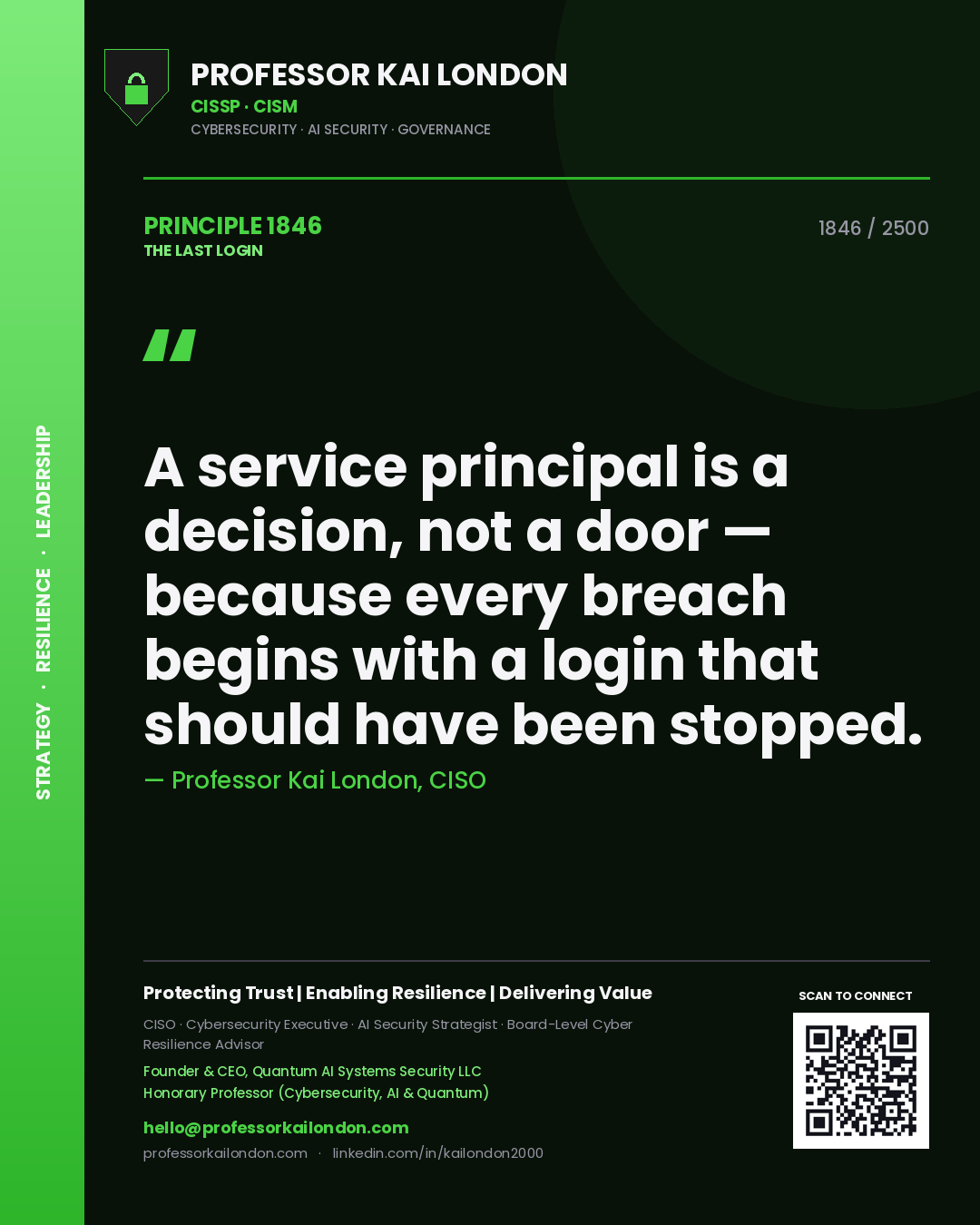 Quote card by Professor Kai London reading 'A service principal is a decision, not a door — because every breach begins with a login that should have been stopped.'. From the book The Last Login.