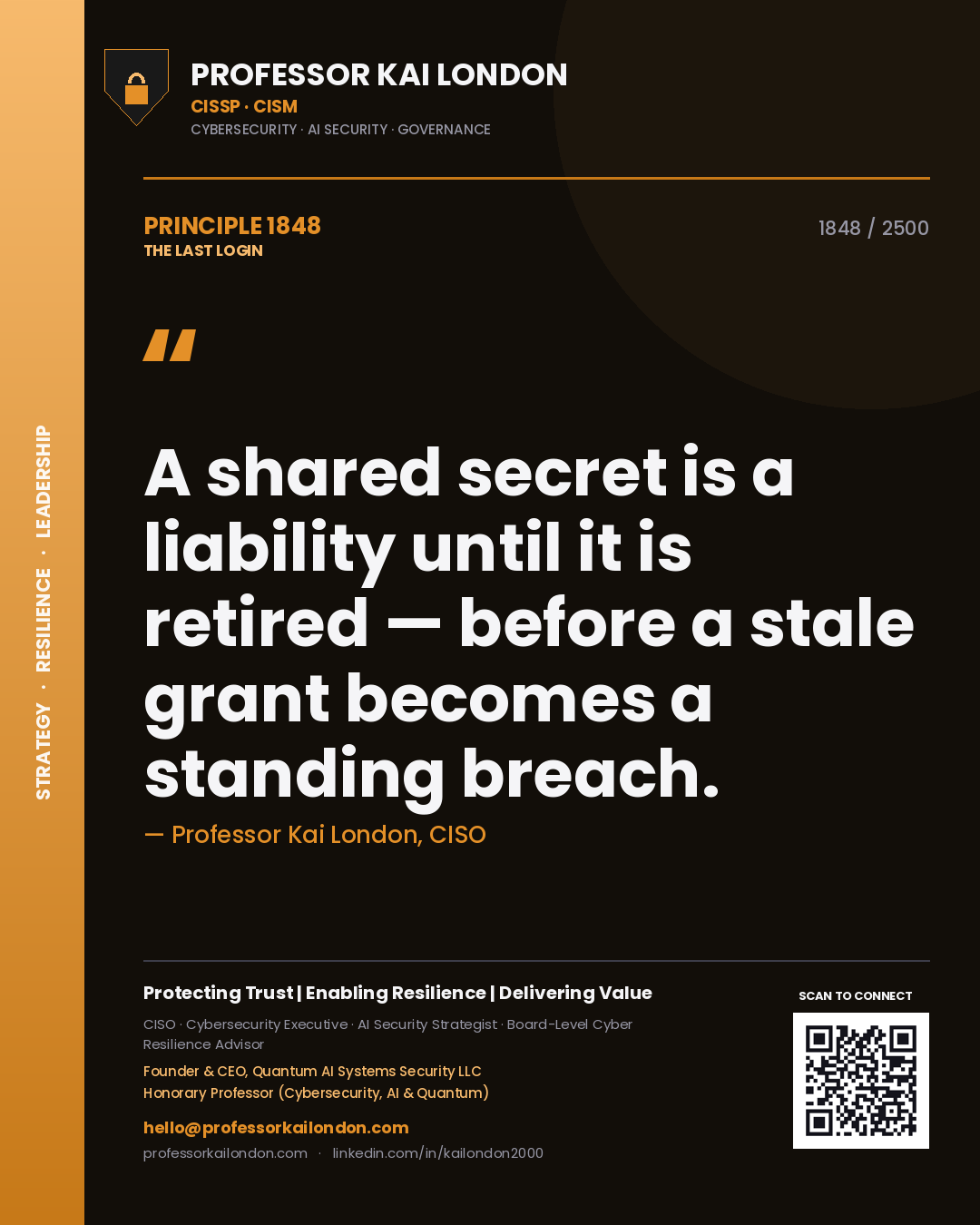 Professor Kai London principle 1848: A shared secret is a liability until it is retired — before a stale grant becomes a standing breach.
