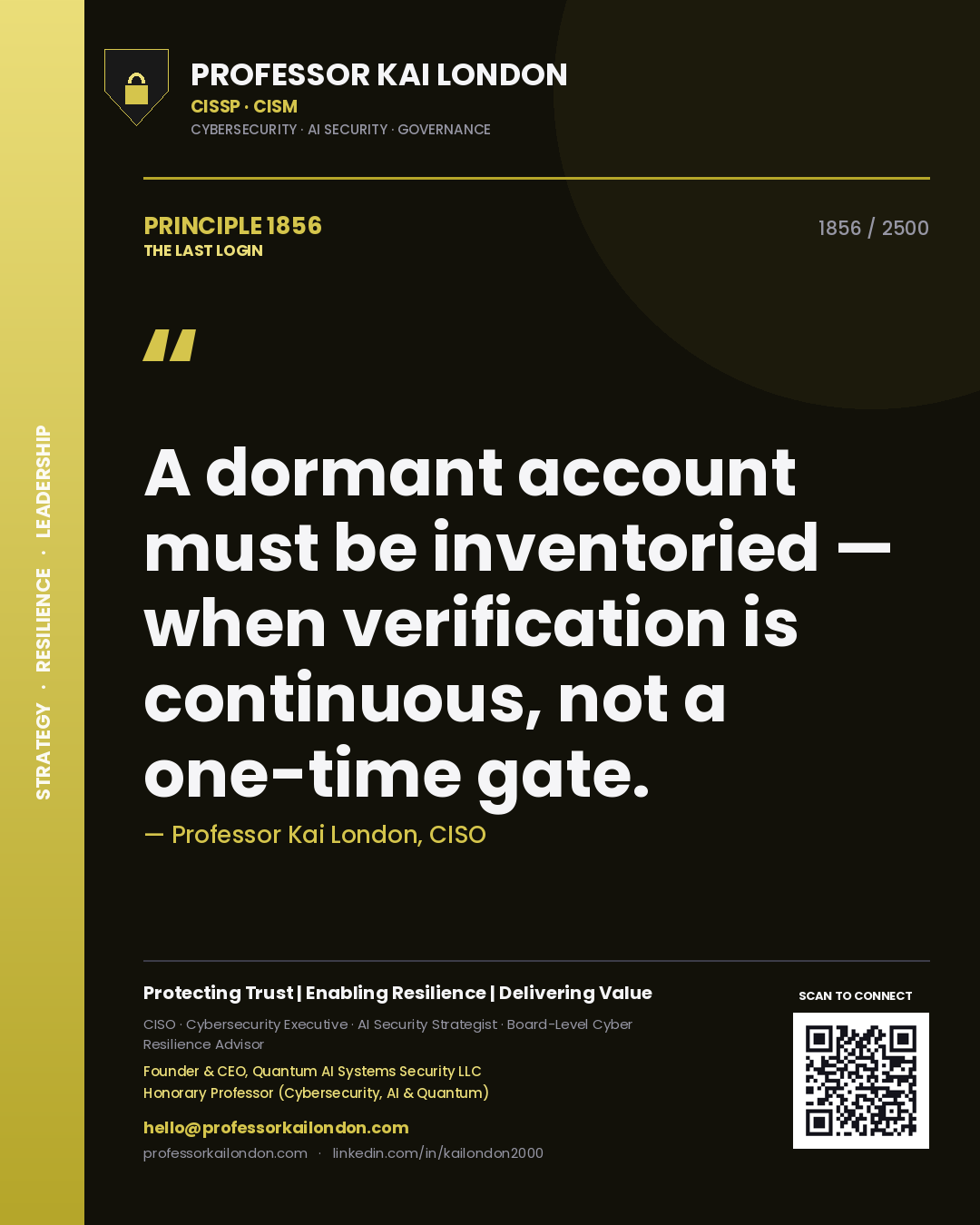 Professor Kai London principle 1856: A dormant account must be inventoried — when verification is continuous, not a one-time gate.