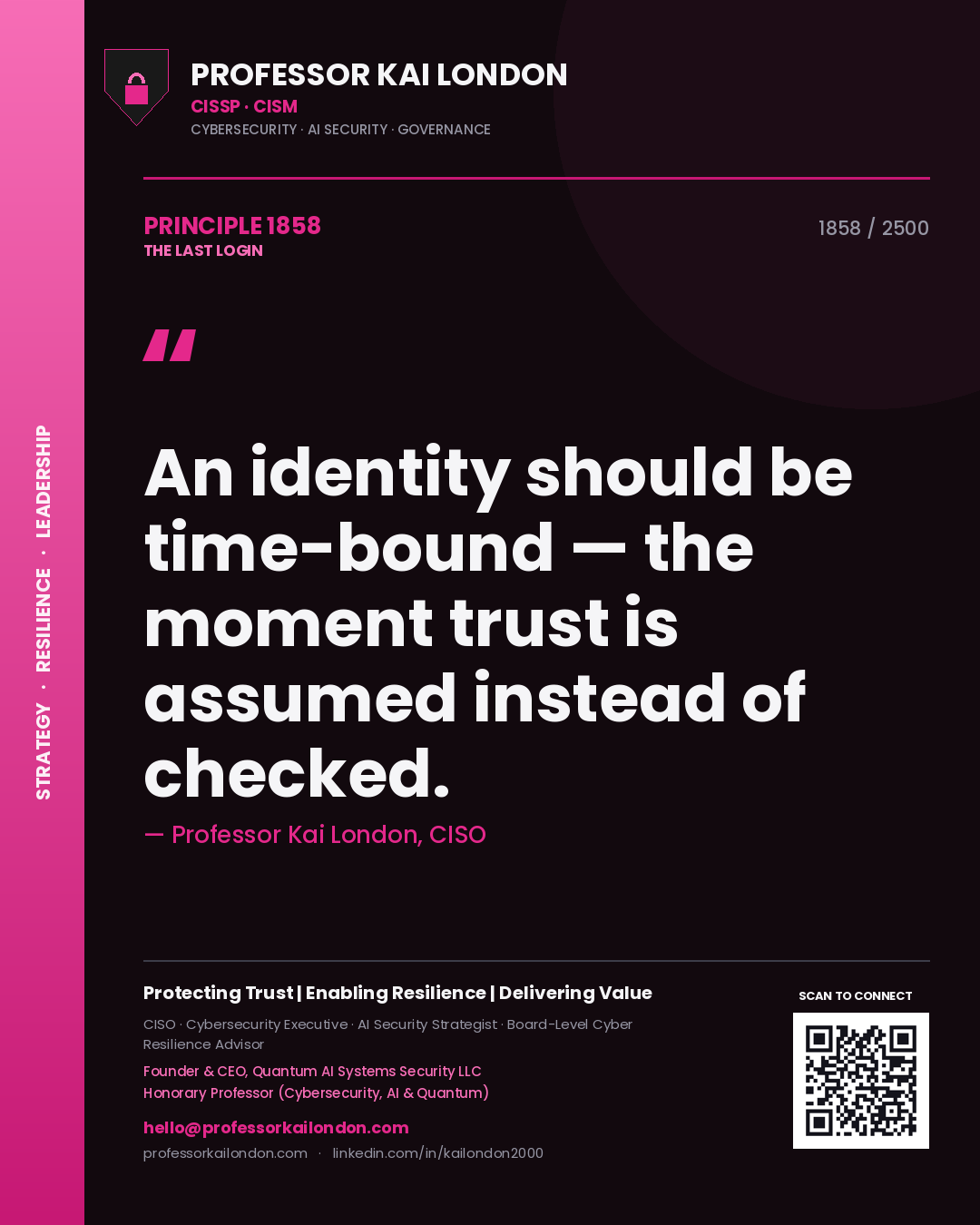 Quote card by Professor Kai London reading 'An identity should be time-bound — the moment trust is assumed instead of checked.'. From the book The Last Login.