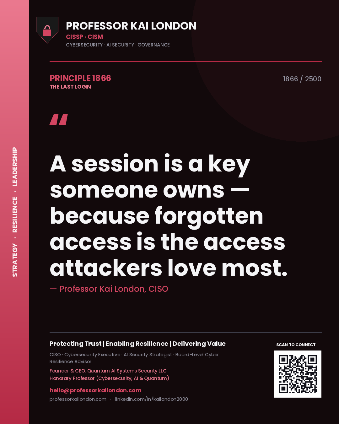 Professor Kai London principle 1866: A session is a key someone owns — because forgotten access is the access attackers love most.
