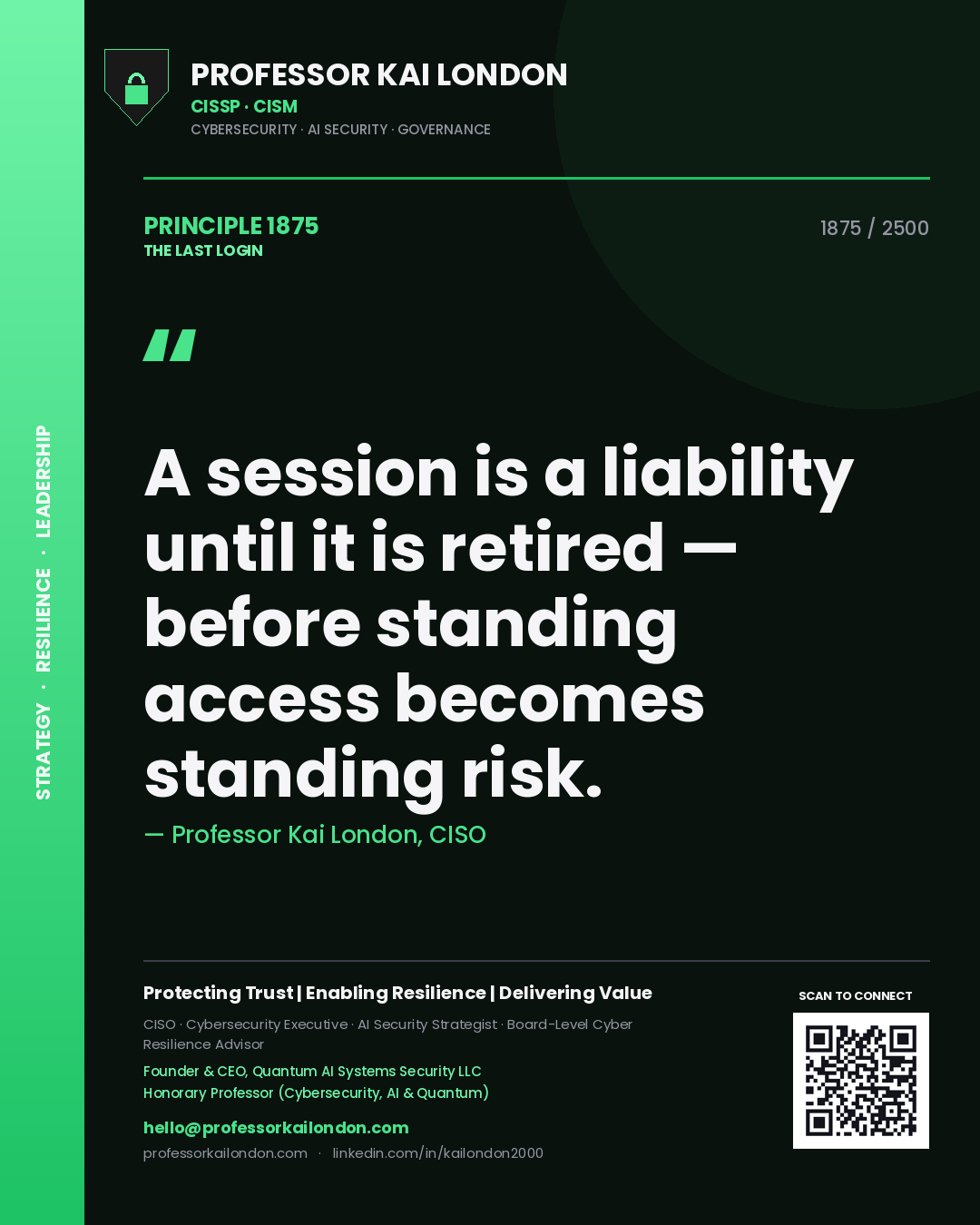 Quote card by Professor Kai London reading 'A session is a liability until it is retired — before standing access becomes standing risk.'. From the book The Last Login.